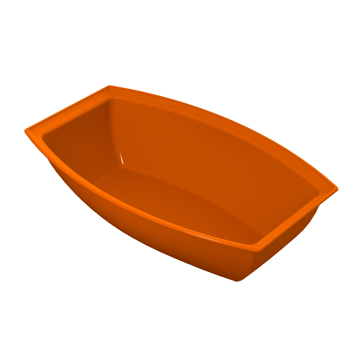 A bright orange, rectangular plastic tub with gently curved sides and a flat base, reminiscent of a modern salad bowl, is viewed from above at an angle. The tub is empty, set against a plain white background.