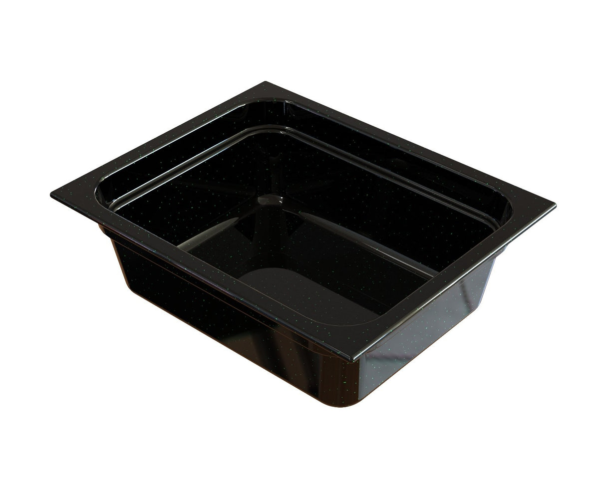 A black, rectangular Food Pan with slightly curved edges and a glossy finish sits on a white background. Designed for commercial food service use, such as in buffets or salad bars, it's ideal for cold holding applications.