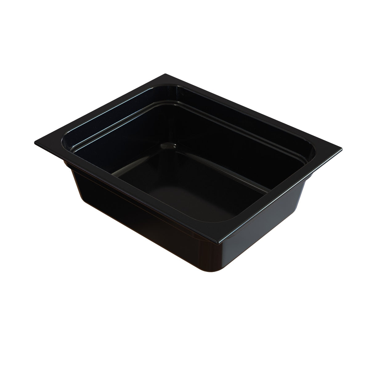 A black rectangular plastic food pan with a wide rim and shallow depth, shown on a plain white background. The pan has slightly sloped sides and is empty, ideal for cold holding or serving in commercial kitchens.