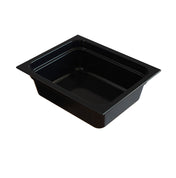 A black rectangular plastic food pan with a wide rim and shallow depth, shown on a plain white background. The pan has slightly sloped sides and is empty, ideal for cold holding or serving in commercial kitchens.