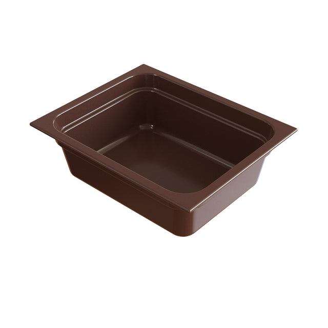 A rectangular, brown plastic food pan with smooth sides and a flat rim, shown at an angle against a white background. The empty pan is ideal for food service or storage, making it perfect for cold holding applications.