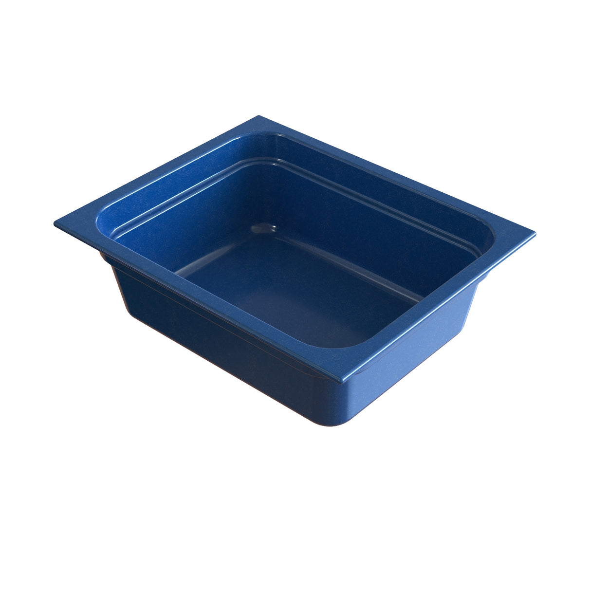 A rectangular, deep blue plastic food pan with slightly flared sides and a smooth, glossy finish, designed for cold holding. The pan’s edges have a rim for easy handling and stacking, shown on a white background.