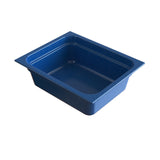 A rectangular, deep blue plastic food pan with slightly flared sides and a smooth, glossy finish, designed for cold holding. The pan’s edges have a rim for easy handling and stacking, shown on a white background.
