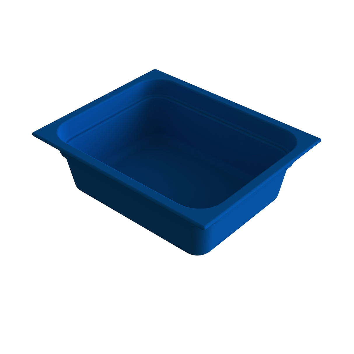 A deep, rectangular blue plastic food pan with angled sides and a wide rim, designed for cold holding, shown empty against a plain white background.