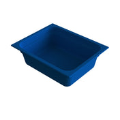 A deep, rectangular blue plastic food pan with angled sides and a wide rim, designed for cold holding, shown empty against a plain white background.