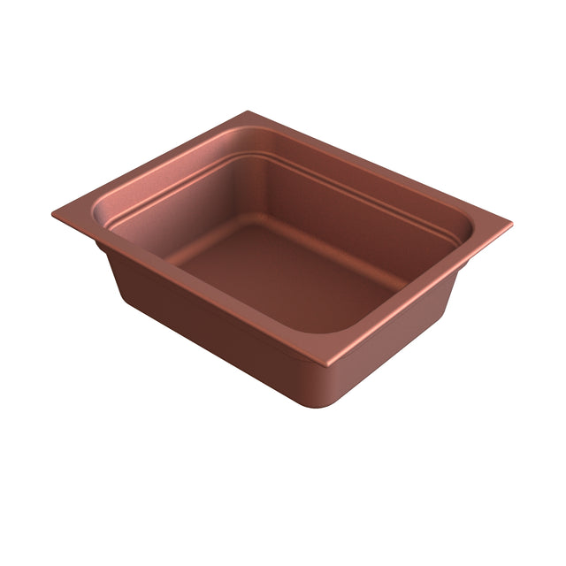 A rectangular, deep, copper-colored cast aluminum food pan with slightly flared sides and rounded corners, viewed from a slight angle against a white background. The sturdy pan appears to be suitable for baking or cooking.