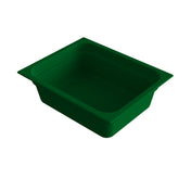 A deep, rectangular, dark green food pan with wide edges is shown empty on a white background. The angle highlights the inside and the thickness of its sides, making it ideal for cold holding in food service settings.