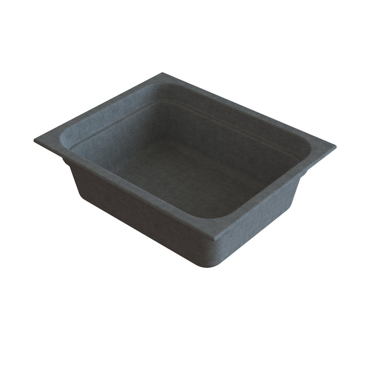 A rectangular, dark gray food pan or container with slightly sloped sides and a wide rim around the top edge, viewed at an angle on a white background. The sturdy, textured material is ideal for cold holding applications.