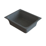 A rectangular, dark gray food pan or container with slightly sloped sides and a wide rim around the top edge, viewed at an angle on a white background. The sturdy, textured material is ideal for cold holding applications.