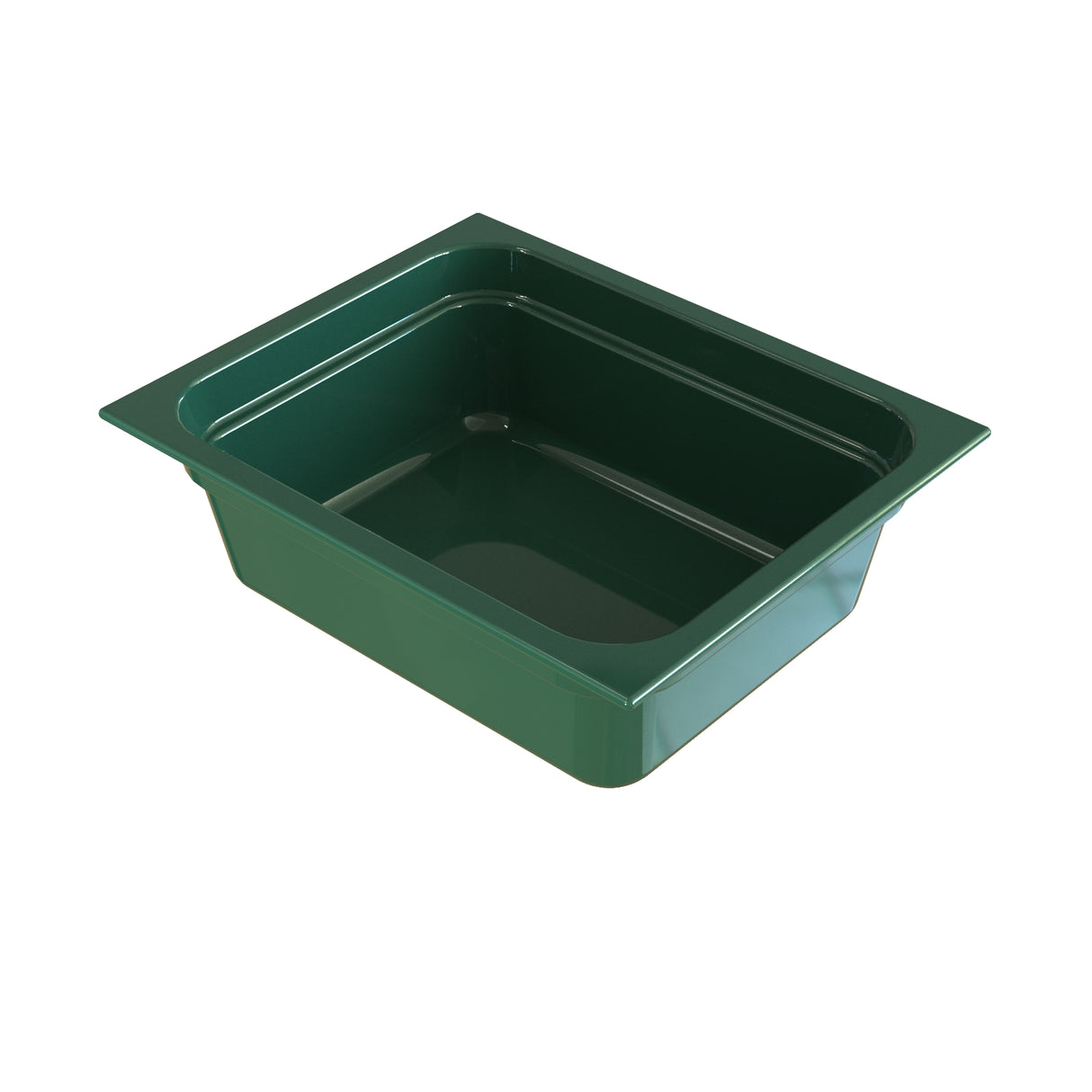 A rectangular, deep, dark green plastic food pan with slightly flared sides and a smooth inner surface, set against a white background. Designed for cold holding, it has a wide rim around the top edge and is perfect for food storage or serving.