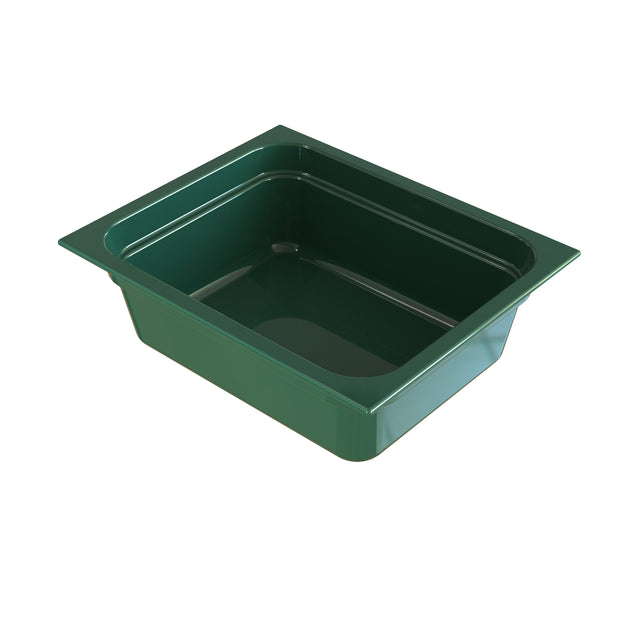 A rectangular, deep, dark green plastic food pan with slightly flared sides and a smooth inner surface, set against a white background. Designed for cold holding, it has a wide rim around the top edge and is perfect for food storage or serving.
