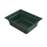 A rectangular, deep, green food pan with slightly sloped sides and a wide rim. Featuring a smooth, glossy surface and made of durable plastic, it's ideal for cold holding in food service or storage applications.