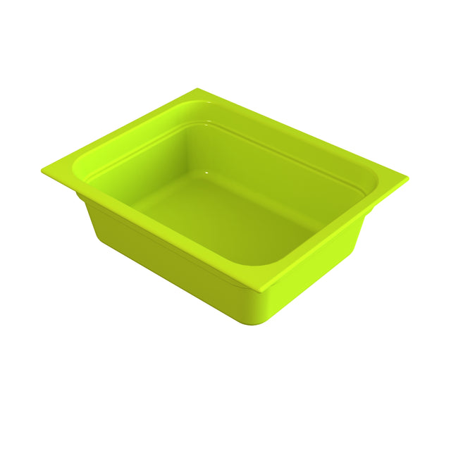 A bright green rectangular plastic food pan with slightly flared edges and smooth surfaces, shown isolated on a white background. The empty, clean bin has rounded corners and is designed for general storage or organizational use.