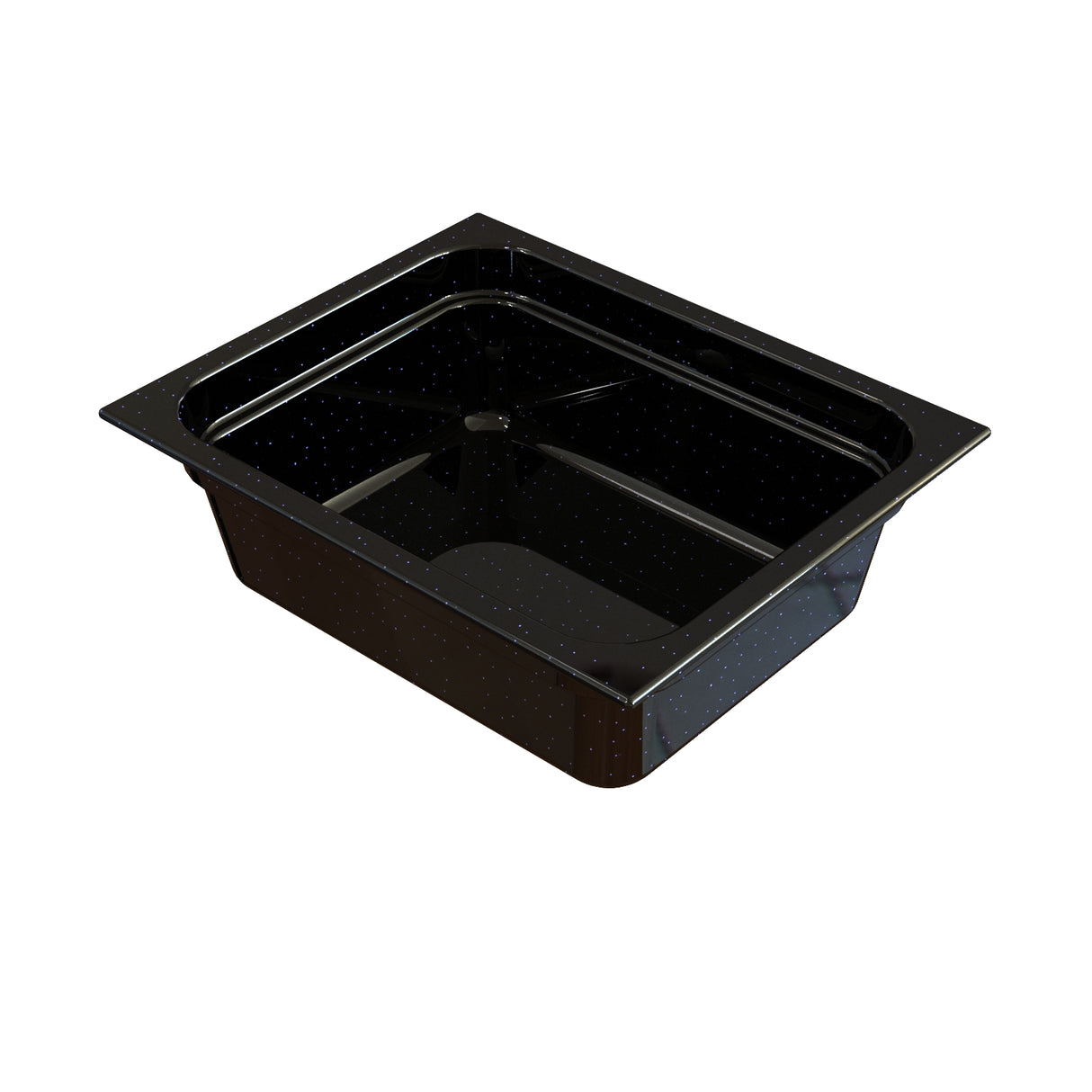 A black rectangular Food Pan with straight sides and rounded corners, shown at an angle on a white background. The pan has a shallow depth and a wide rim around the top edge, making it ideal for cold holding and easy handling.