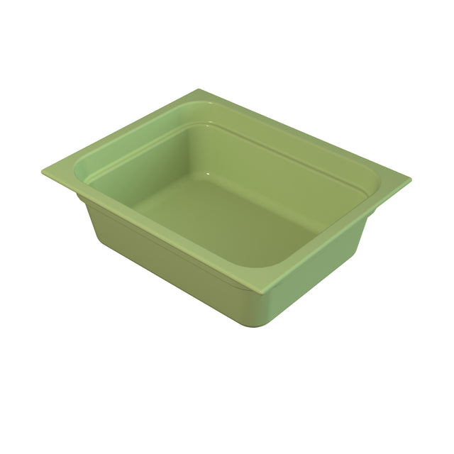A rectangular, light green plastic food pan with slightly rounded corners and a wide rim. Ideal for cold holding, the empty pan has smooth inner and outer surfaces and is shown on a white background, angled to display its depth.