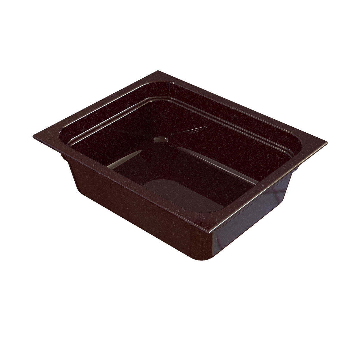 A rectangular, dark brown Food Pan with straight sides and rounded corners, designed for cold holding. Shown at an angle on a white background, it features a wide lip for easy handling and appears empty and clean.