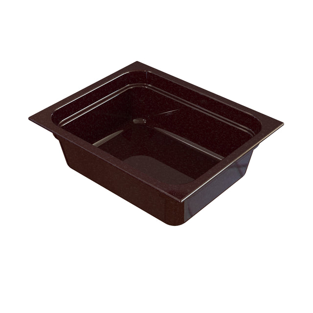A rectangular, dark brown Food Pan with straight sides and rounded corners, designed for cold holding. Shown at an angle on a white background, it features a wide lip for easy handling and appears empty and clean.