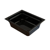 A black, rectangular food pan with slightly sloped sides and a wide rim, ideal for cold holding in commercial kitchens or buffets. The smooth, shiny surface reflects light, making it perfect for both storage and serving needs.