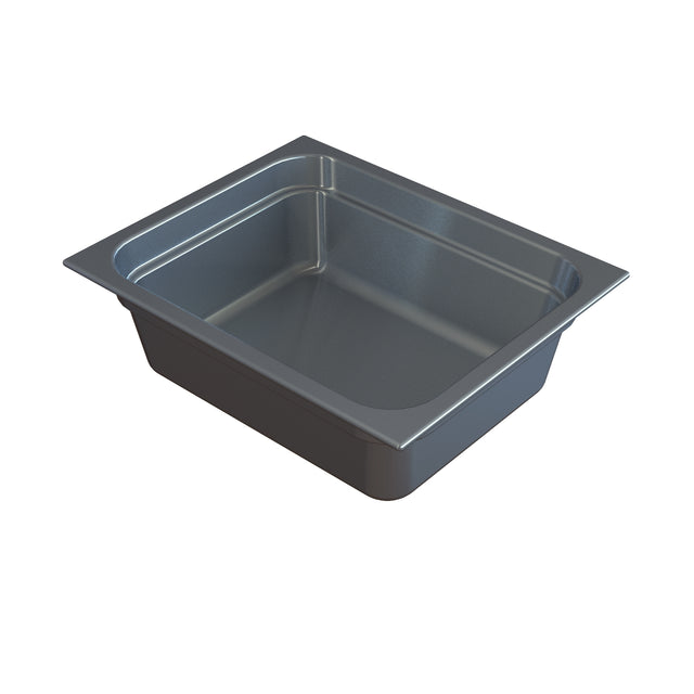 A single empty stainless steel Steam Table Pan with straight sides and rounded corners, set against a plain white background. The pan features a wide rim at the top edge and is shown at a slight angle, highlighting its depth and metallic surface.