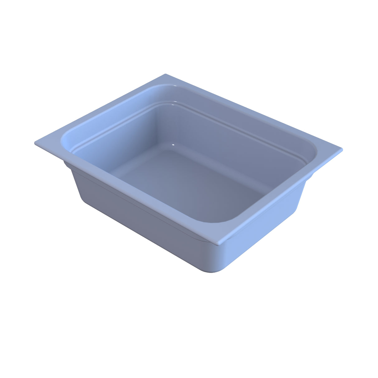 A rectangular, light blue plastic food pan with smooth sides and slightly rounded corners, viewed at an angle from above. It has a wide rim along the top edge and appears empty, ideal for cold holding on a white background.