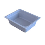 A rectangular, light blue plastic food pan with smooth sides and slightly rounded corners, viewed at an angle from above. It has a wide rim along the top edge and appears empty, ideal for cold holding on a white background.