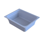 A rectangular, light blue plastic food pan with smooth sides and slightly rounded corners, viewed at an angle from above. It has a wide rim along the top edge and appears empty, ideal for cold holding on a white background.