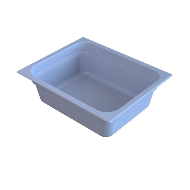 A rectangular, light blue plastic food pan with smooth sides and slightly rounded corners, viewed at an angle from above. It has a wide rim along the top edge and appears empty, ideal for cold holding on a white background.