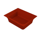 A rectangular, deep red plastic food pan with smooth sides and a wide rim. The pan, ideal for cold holding, has rounded corners and is empty, viewed from a slightly elevated angle against a plain white background.