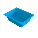A bright blue rectangular food pan with rounded inner corners and a wide rim, photographed against a white background. The empty bin’s depth reveals its smooth interior and slightly tapered sides, making it ideal for cold holding applications.