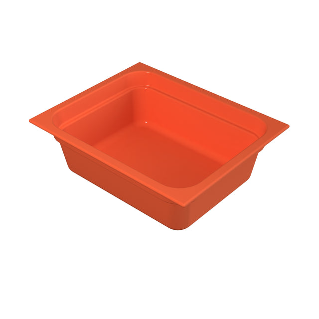 A rectangular, bright orange food pan with smooth sides and a wide rim, shown empty against a plain white background. This container has rounded inner corners and is designed for storage or cold holding in food service settings.