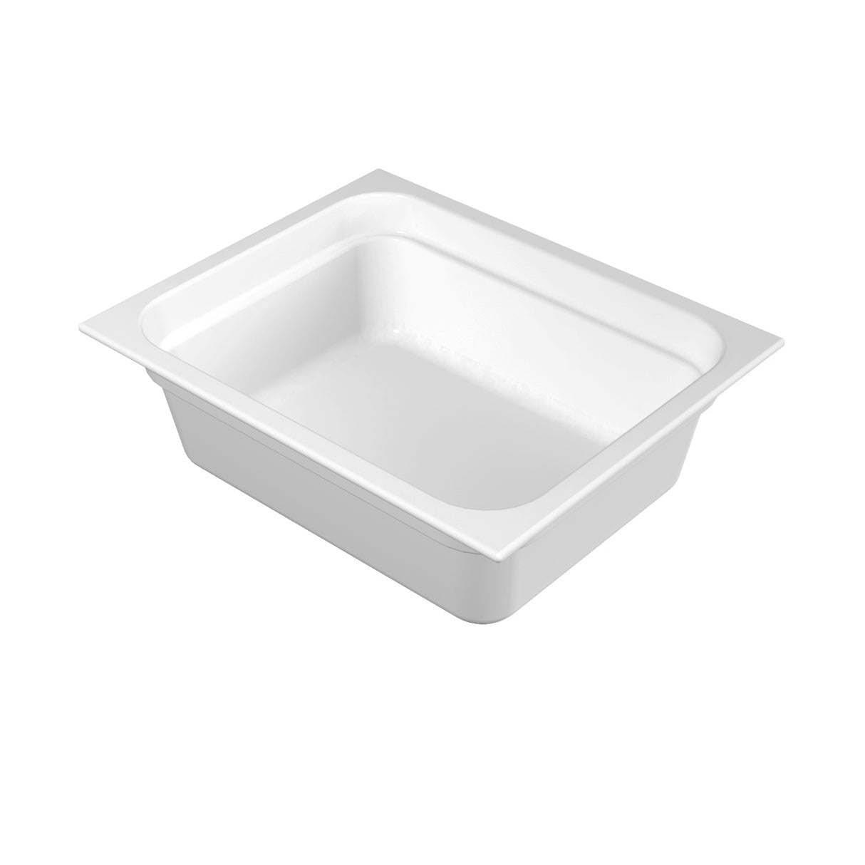 A rectangular, white plastic food pan with rounded corners and slightly flared sides, shown angled on a plain white background. Ideal for cold holding, this pan is perfect for efficient food service or storage.