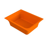 An orange plastic food pan designed for safe cold holding.
