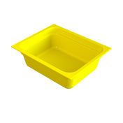 A rectangular, bright yellow plastic food pan with smooth sides and rounded corners, shown from a slightly elevated angle on a plain white background. The container is empty and has a shallow depth.