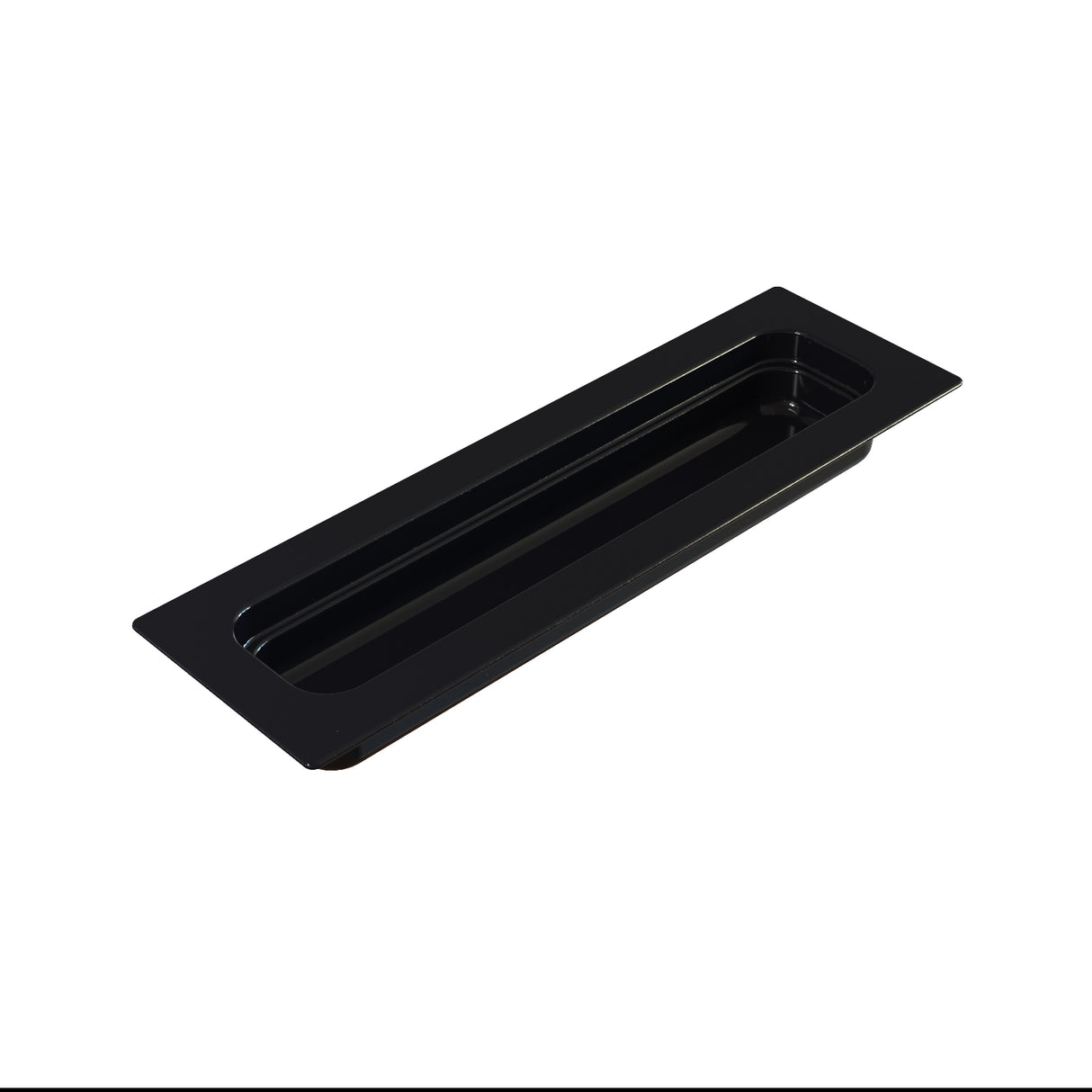 A black rectangular food pan with a recessed center and raised edges, viewed at an angle on a white background. The tray appears to be made of plastic and is long and narrow, suitable for cold holding small items or food servings.