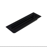 A black rectangular food pan with a recessed center and raised edges, viewed at an angle on a white background. The tray appears to be made of plastic and is long and narrow, suitable for cold holding small items or food servings.