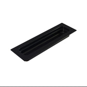 A black rectangular food pan with a recessed center and raised edges, viewed at an angle on a white background. The tray appears to be made of plastic and is long and narrow, suitable for cold holding small items or food servings.