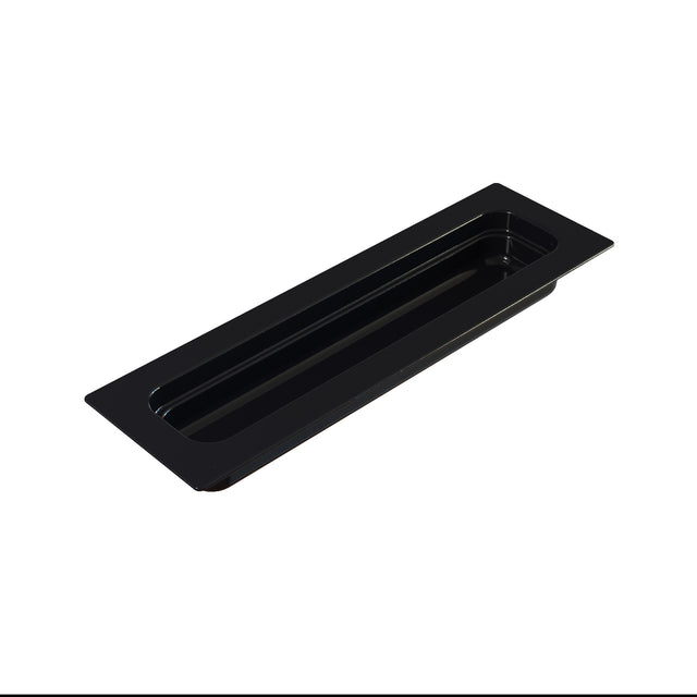 A black rectangular food pan with a recessed center and raised edges, viewed at an angle on a white background. The tray appears to be made of plastic and is long and narrow, suitable for cold holding small items or food servings.