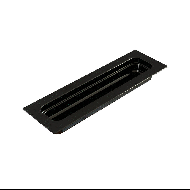 A rectangular, black, glossy Food Pan with rounded inner corners and a flat rim is photographed against a white background. Deep and narrow, it's ideal for cold holding in food service or buffet setups.