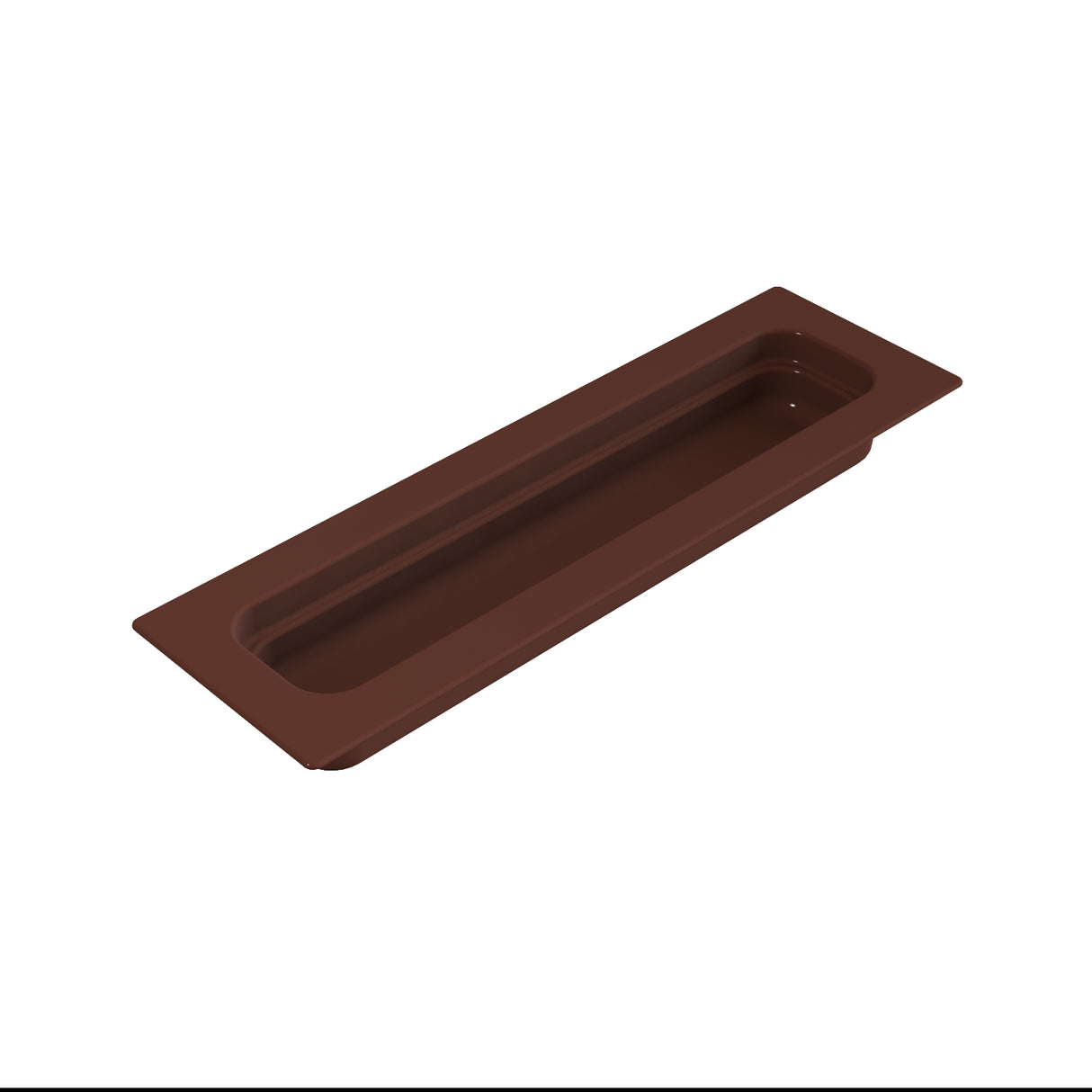 A rectangular, brown plastic food pan with rounded corners and a recessed inner section, viewed from a slight angle on a white background. The container is shallow and elongated, with a wide lip around the edge.