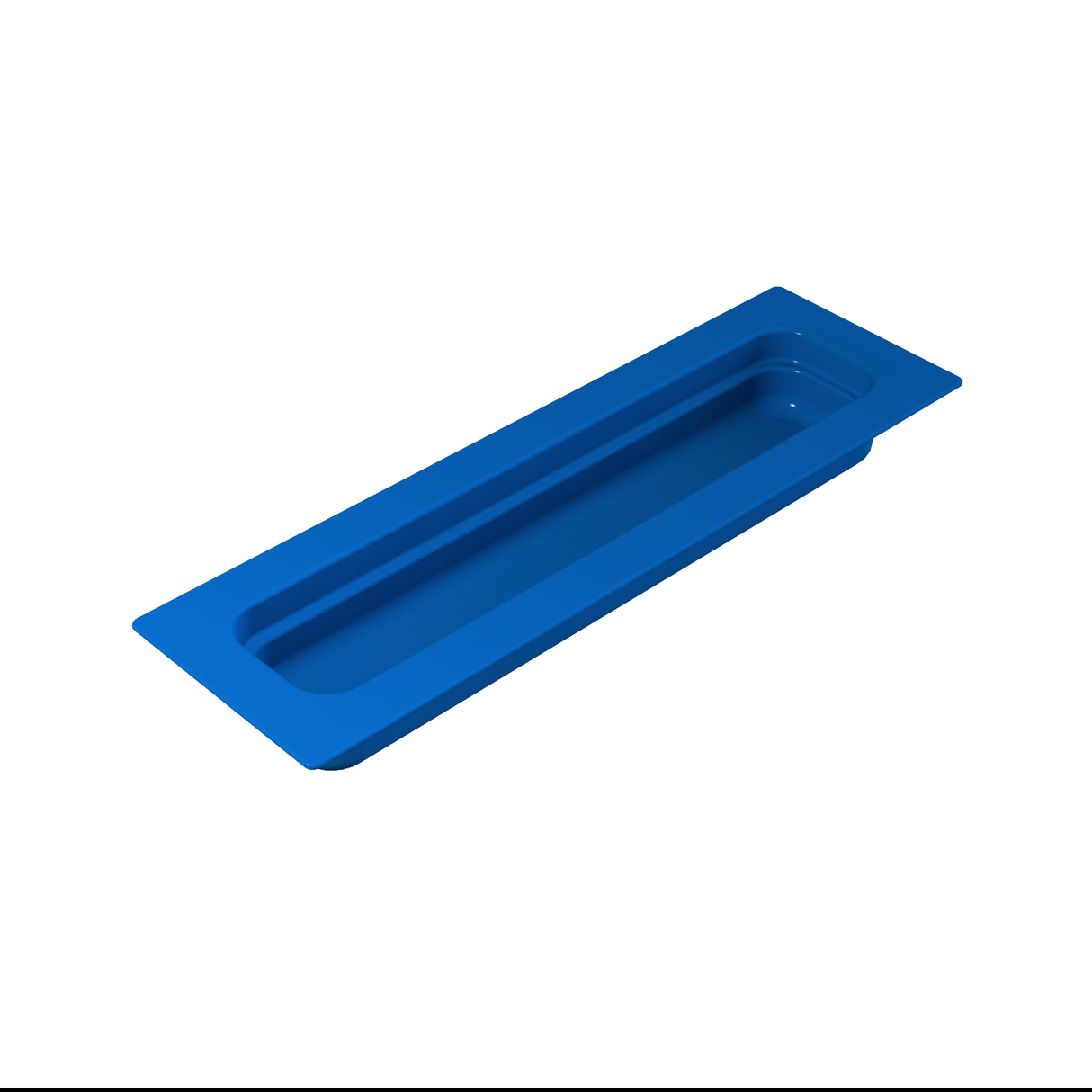 A rectangular, blue, plastic food pan with raised edges and a shallow interior, photographed against a white background. The tray has a smooth surface and an elongated shape, ideal for cold holding items in a narrow space.