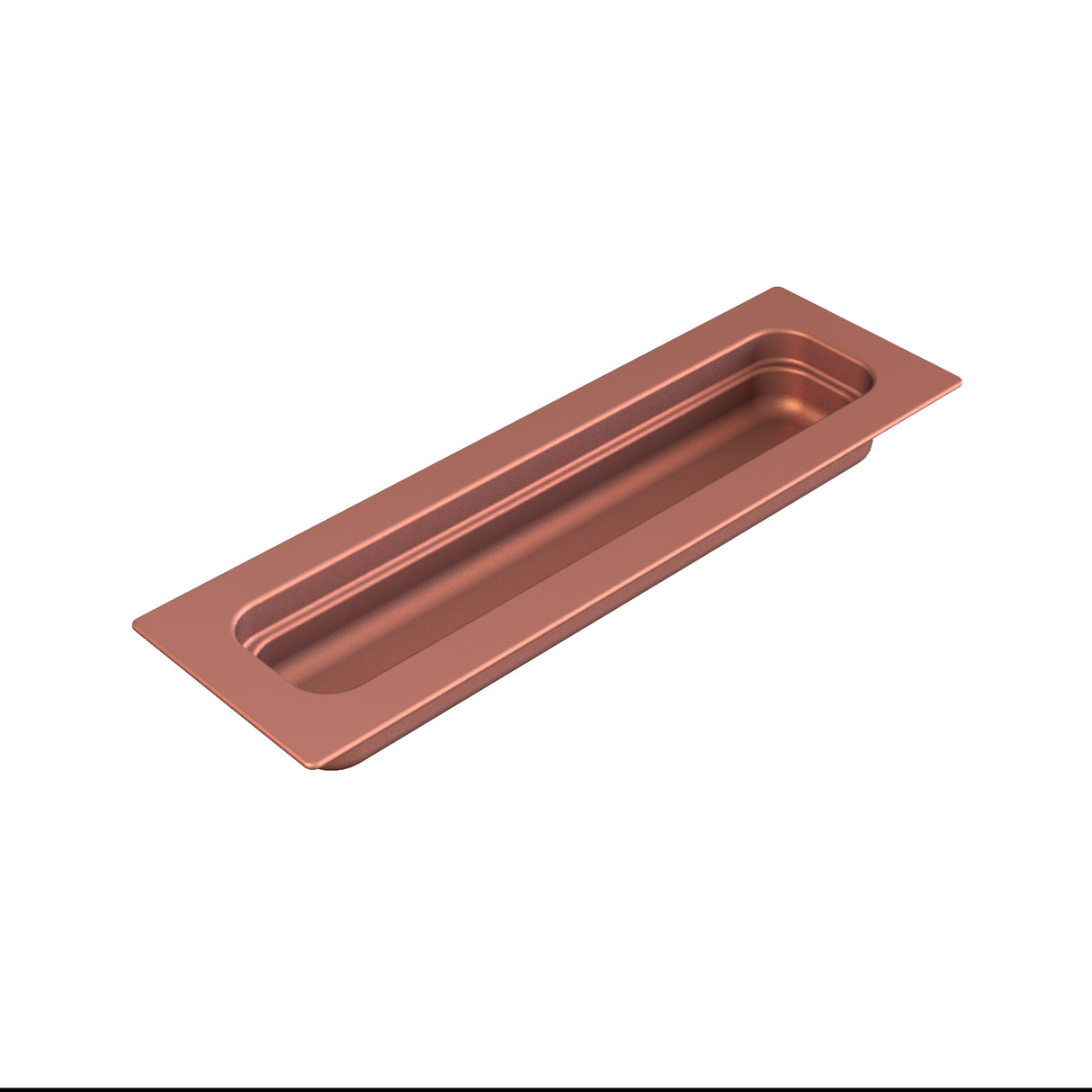 A rectangular, copper finish recessed door handle with smooth edges, viewed from an angle. The handle features a flat, wide rim and a deep slot in the center, ideal for flush mounting on a door or drawer. The background is plain white.