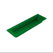 A green, rectangular food pan with rounded inner corners and a recessed area sits on a white background. The cast aluminum tray is shallow and elongated, featuring a raised edge along the perimeter for practical cold holding.