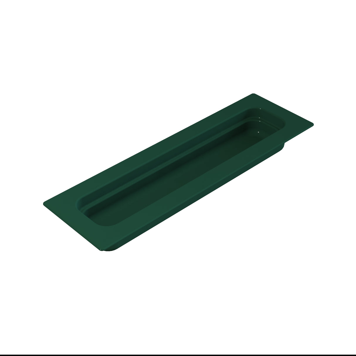 A dark green, rectangular, shallow tray with rounded inner edges and a flat lip around the rim, pictured on a white background. This minimalist food pan appears to be made of plastic and is ideal for cold holding applications.