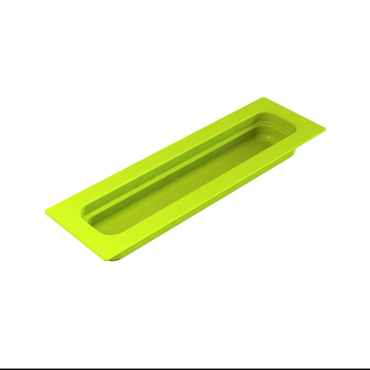 A rectangular, bright green plastic food pan tray with raised edges and a recessed center, photographed on a white background. The tray is elongated with rounded corners and smooth surfaces, giving it a modern, minimalist appearance.