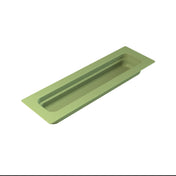 A rectangular, shallow, light green cast aluminum tray viewed from above at an angle. The tray has a recessed center and raised edges, with clean, smooth lines and rounded corners. The plain white background highlights its minimalist design.