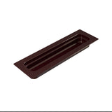 A long, rectangular, dark brown cast aluminum object with a glossy finish, featuring an indented central section and wide, flat edges. Isolated on a white background, it resembles a narrow food pan or insert with smooth, rounded corners.