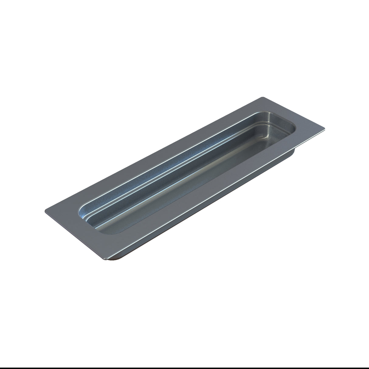 A rectangular, aluminum recessed door handle is shown on a white background. With smooth, rounded edges and a deep groove, it sits flush with a door or drawer for a sleek, modern look—reminiscent of half size long steam table pan design.