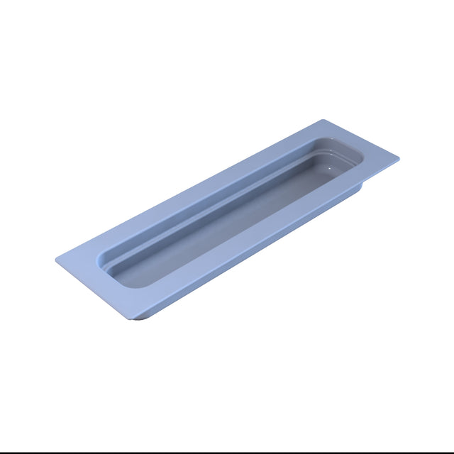 A rectangular, light blue Food Pan with rounded corners and a recessed center, shown against a white background. The tray appears shallow and elongated, featuring smooth edges and a clean, minimalist design ideal for cold holding.