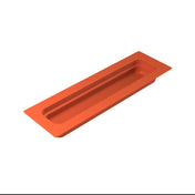 A rectangular, orange, plastic food pan with slightly raised edges and a recessed center, shown on a white background. The tray has a smooth surface and an elongated shape, suitable for holding items or serving food.