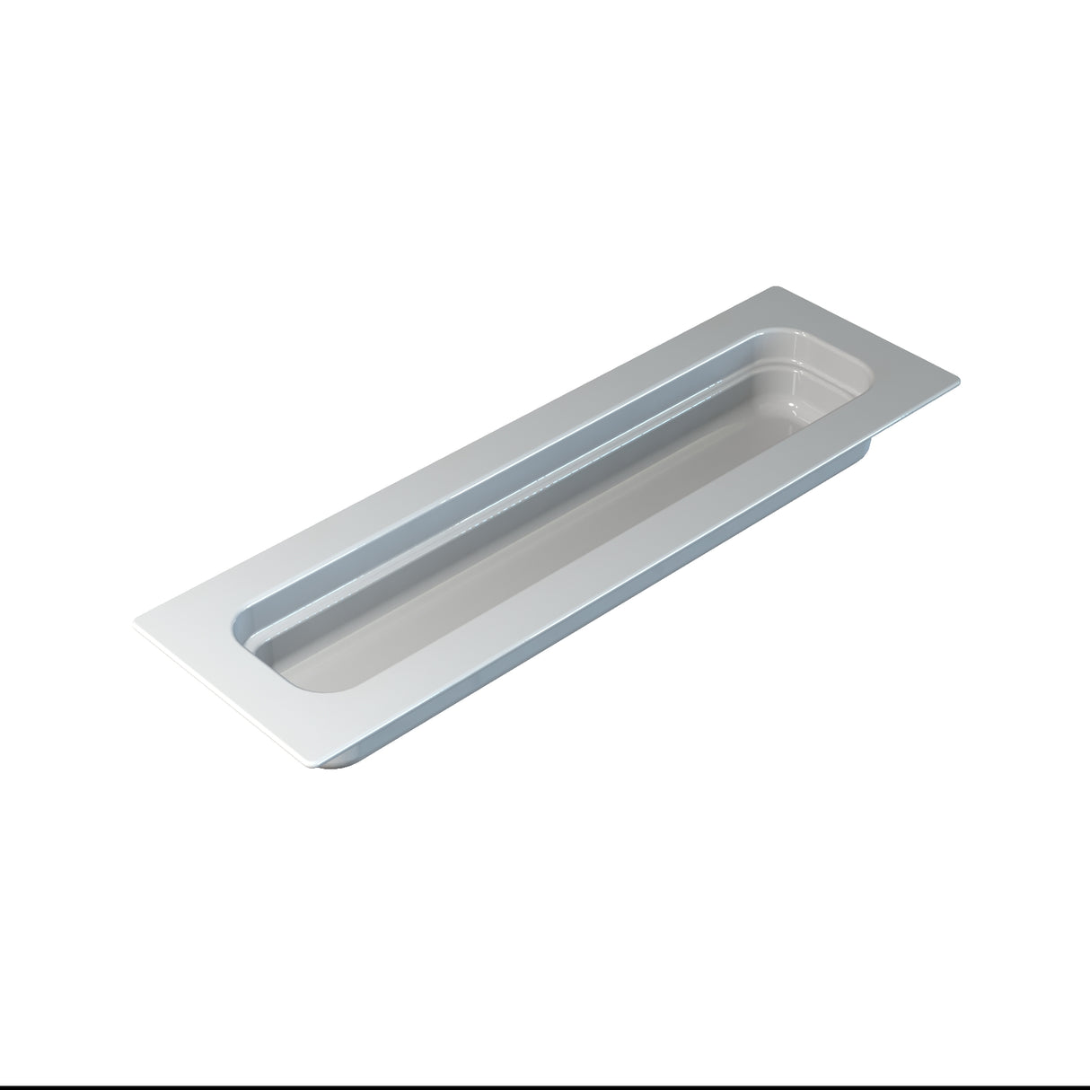 A rectangular, metallic recessed door handle with a smooth, brushed cast aluminum finish, shown from a top angle against a white background. The handle is set flush with its base, featuring rounded corners and an elongated inner grip area.
